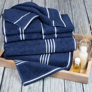 NWT Yorkshire Home Navy Blue Striped Bath Towel 8 PC Set